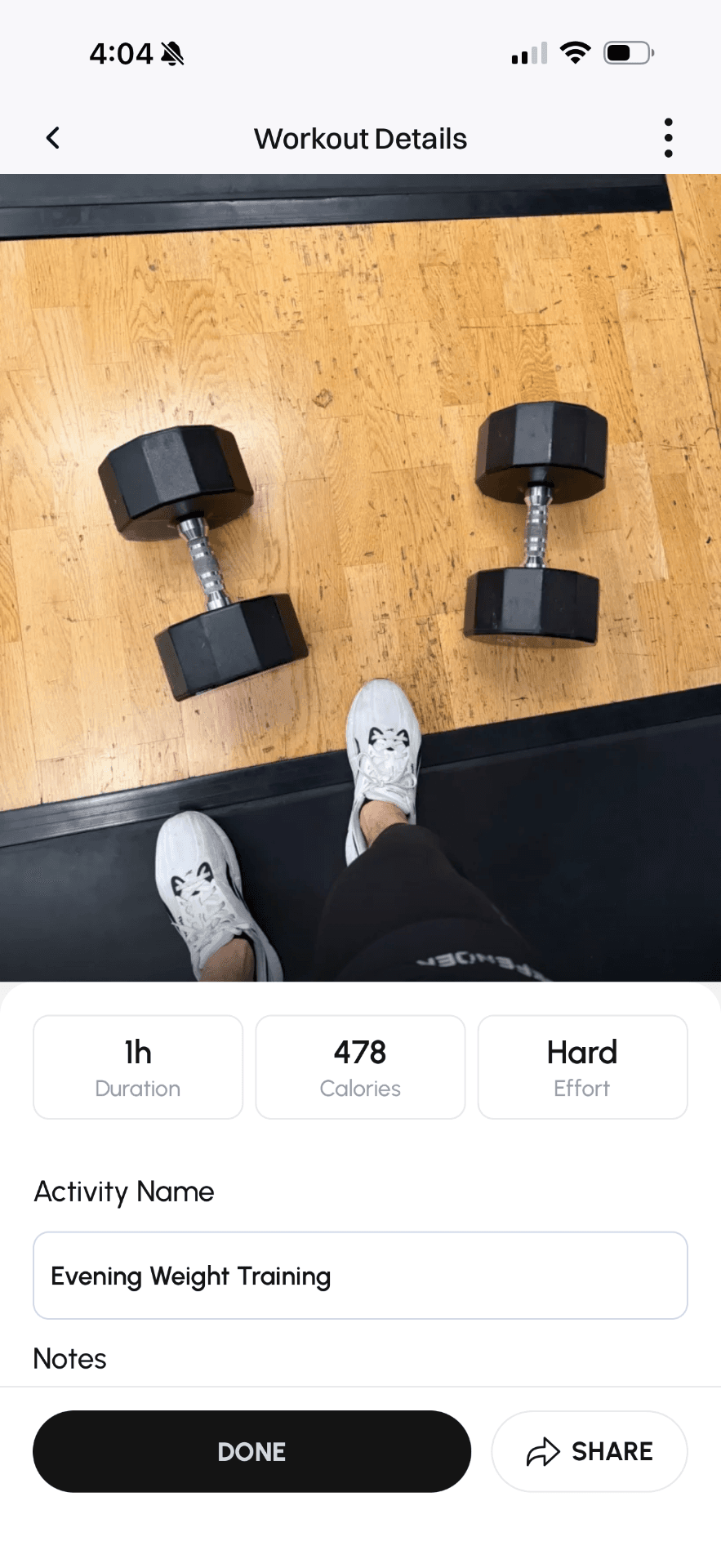 Synopsis workout tracking screen